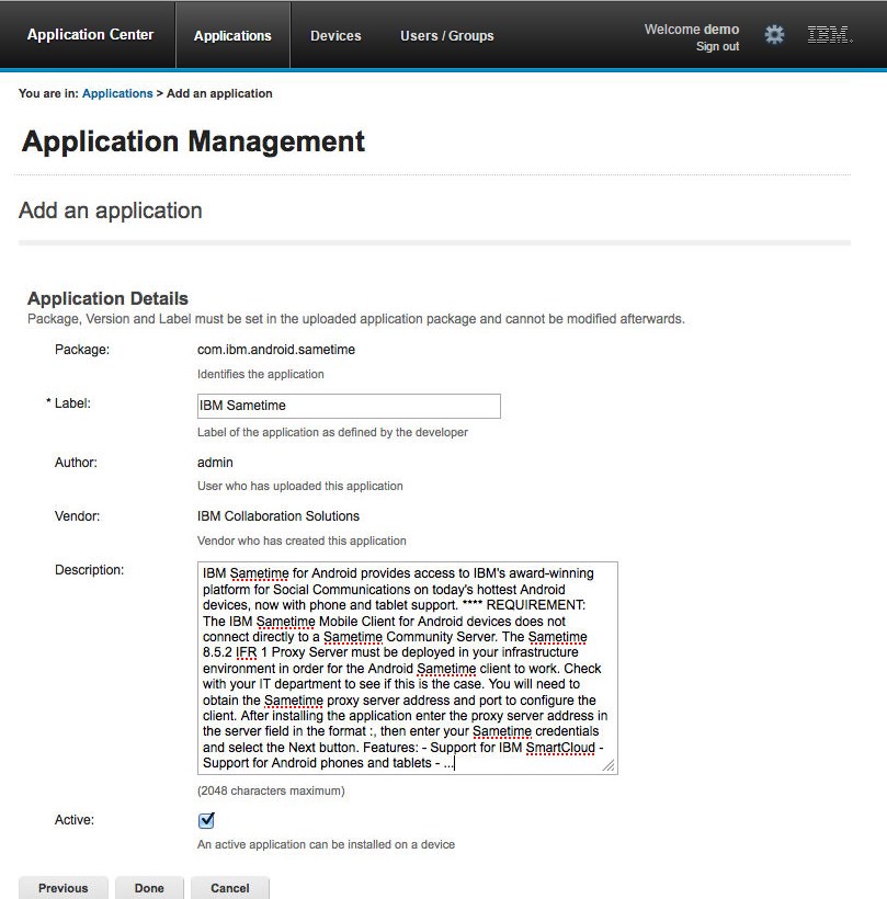 Description of IBM Sametime application for Android in Application Details.