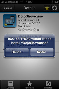 Install view of the DojoShowcase. To install the app, tap Install. We can also cancel the installation of this app.