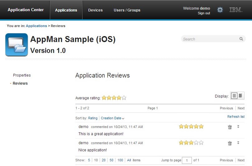 Screen capture of available Application Reviews.