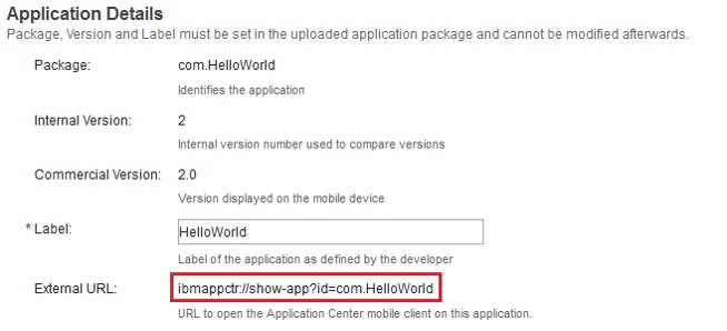 Application Details page from the Application Center console, which shows the details of HelloWorld application, version 2.0.