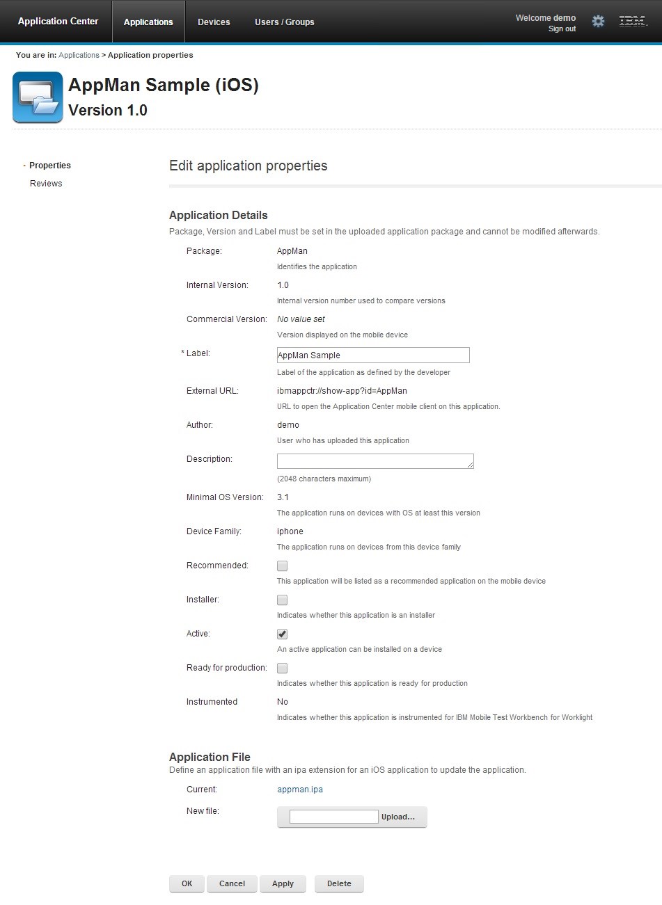 View of the Edit application properties of the AppMan Sample (iOS) V1.0, showing application details and options to click OK, Cancel, Apply, Delete.