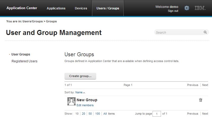 List of local groups and button for adding a new local group of registered users of the Application Center.