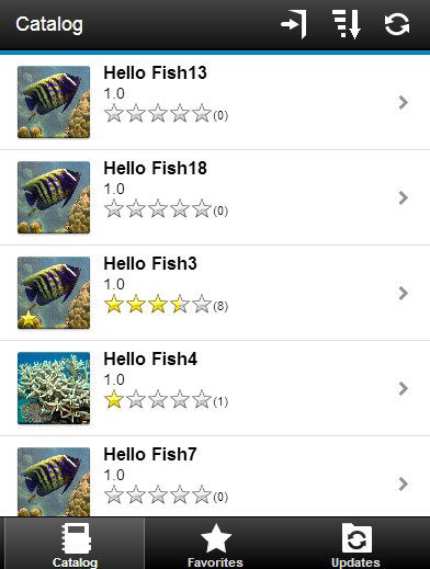 Screen layout of the Catalog view on a mobile phone.