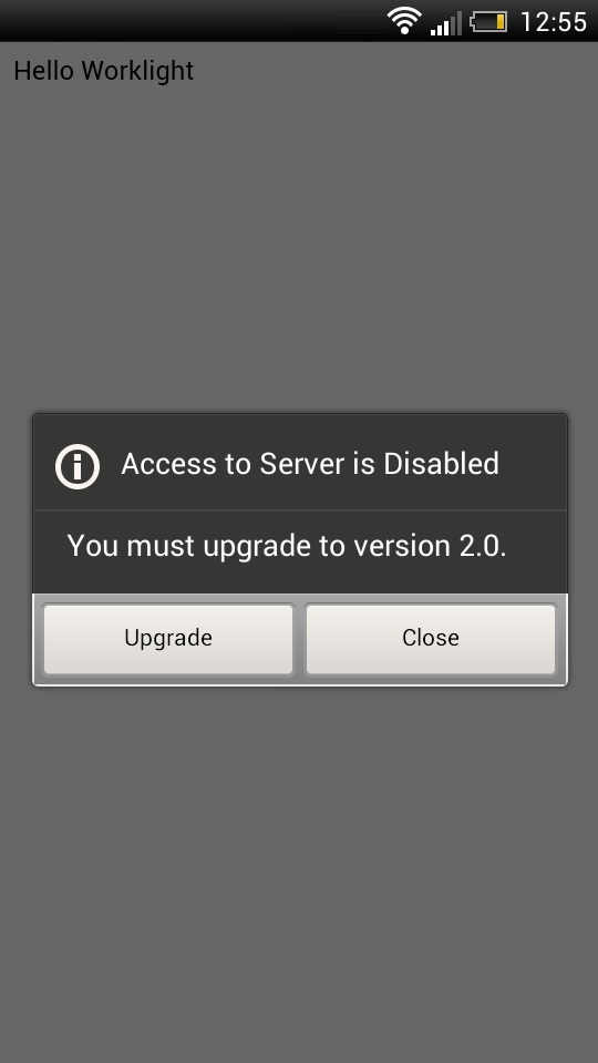 Pop-up to upgrade the version of an application installed on a mobile device.