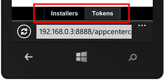 Installers and Tokens tabs in the toolbar for installing the mobile client app on a Windows Phone device.
