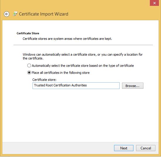 The second page of the Certificate Import Wizard where you specify the location of certificates.