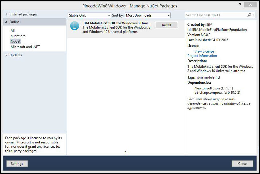 An alternate method to install the MobileFirst SDK, through the Manage Nuget Packages pane