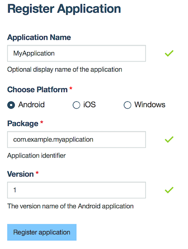 Screen capture of the Register Application page, showing the fields for the app name, platform, package, and version