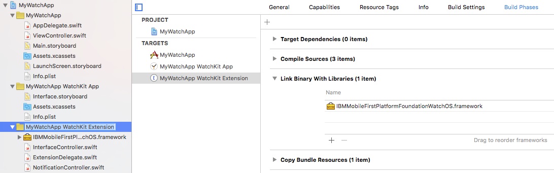 Xcode Watch extension Build Phases tab