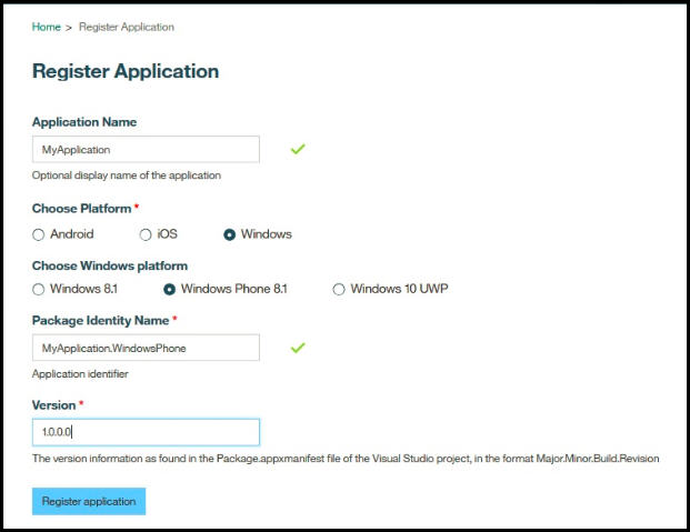 Screen capture of the Register Application page, showing the fields for the app name, platform, package, and version