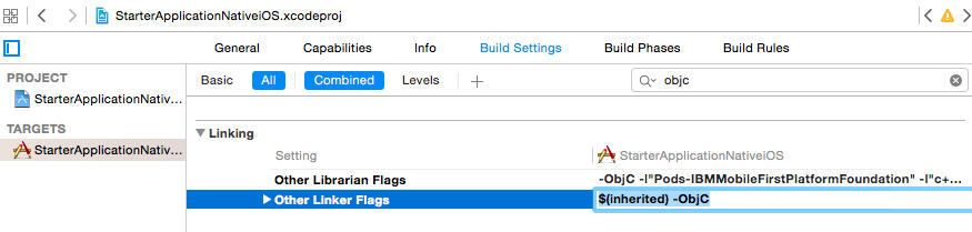 Xcode Build Settings tab, showing where to add "$(inherited) in front of "ObjC" flag