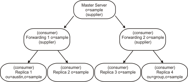 This figure illustrates a single master server as a supplier with two forwarding servers beneath it. The two forwarding servers are shown as consumers of the master and suppliers to the two consumer replica servers located beneath each of the forwarding servers.