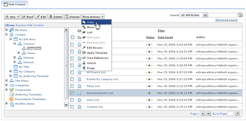 Web Content Authoring portlet showing the copy option