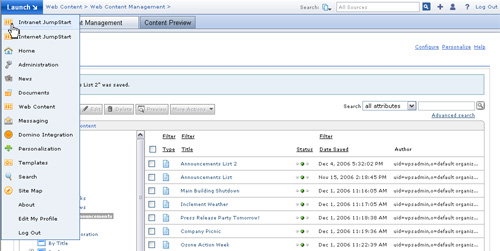 the launch menu showing to select the intranet JumpStart