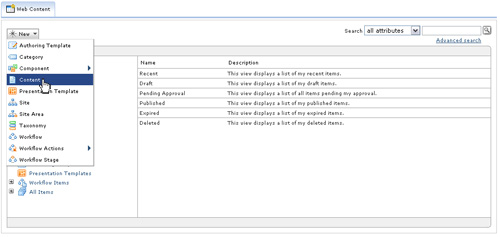 the new element window in the web content authoring portlet