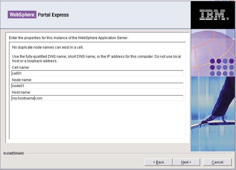 Screen capture: Choose node and hostname for WebSphere Application Server panel