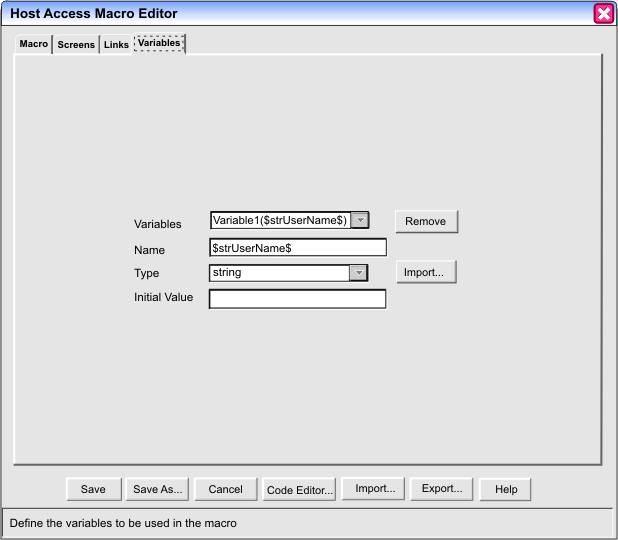 Variables tab of
the Macro Editor