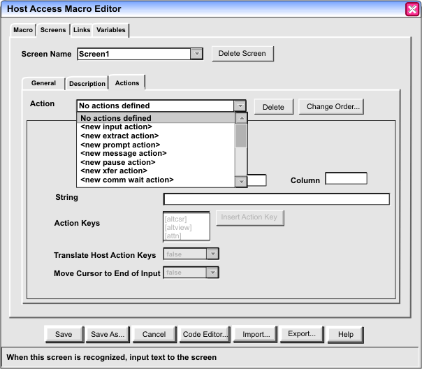Actions tab of the Macro Editor