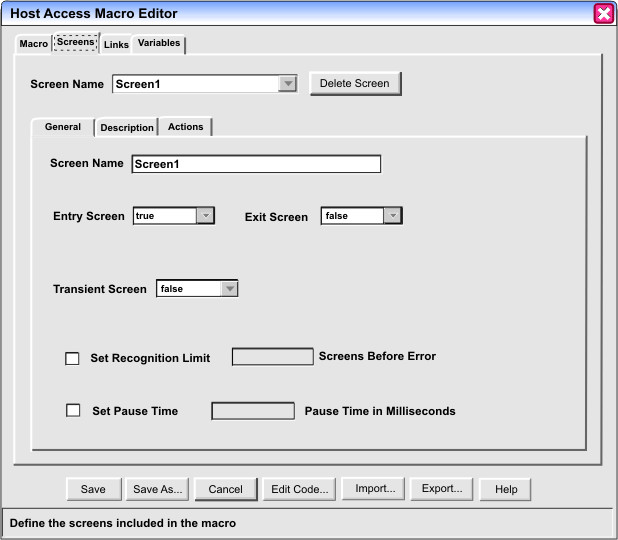 The Screens tab of the Macro Editor