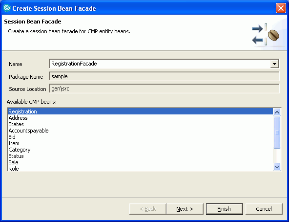 Create Session Bean Facade wizard, page one