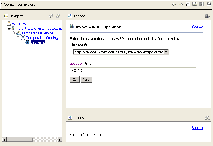 Screen capture of an invoked WSDL operation showing the result in the Status pane