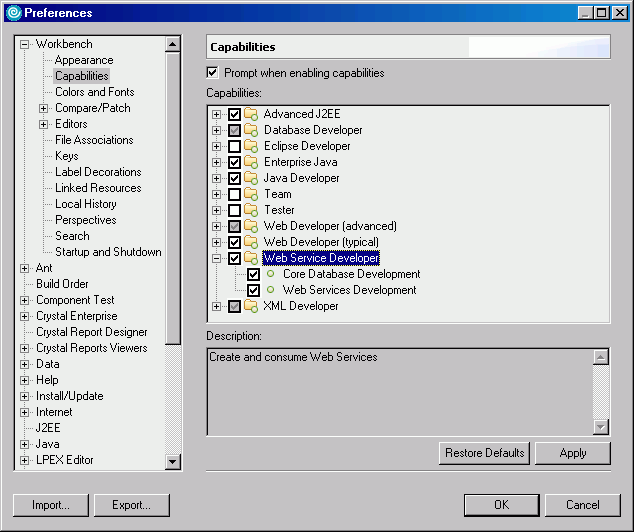 Screen capture of the Capabilities preference window.