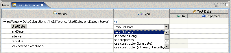 Example: test data table with defining attribute drop down