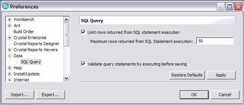 Window preferences SQL validation