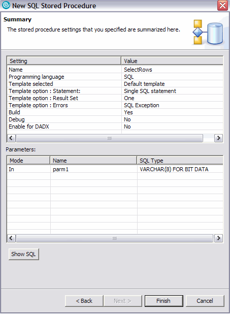 Stored procedure setting summary