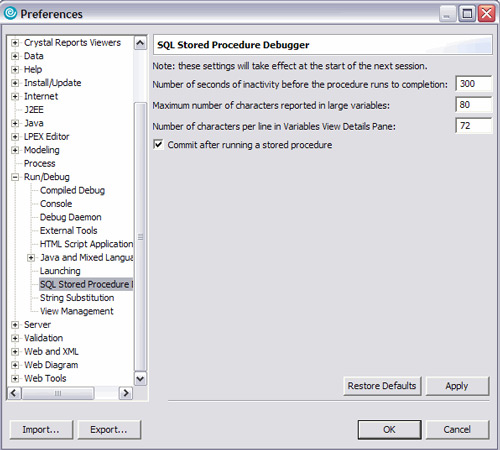 Preferences stored procedure debugger