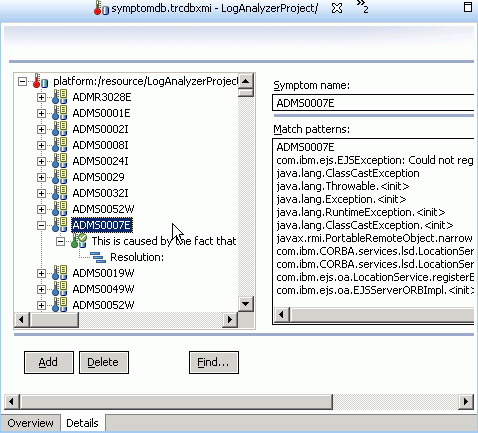 Picture of the symptom database editor showing sample records and the selected record's entries in the database