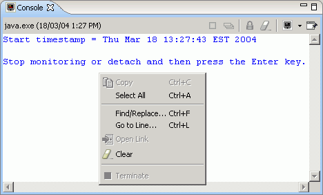 Picture of the Profiling Console view showing application output, and the view's menu and its active choices: Select All, Go to Line, and Clear View