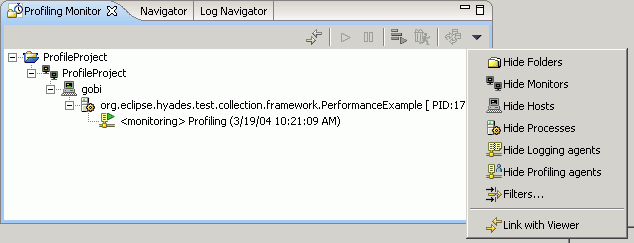 Profiling Monitor showing hierarchy of resources and the drop-down menu for checking the resources to make them hidden