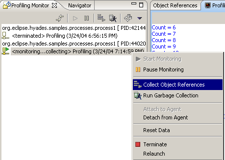 Popup menu showing object reference collection