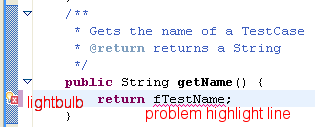 A Java editor indicating a quick-fixable problem with a lightbulb in the editor marker bar