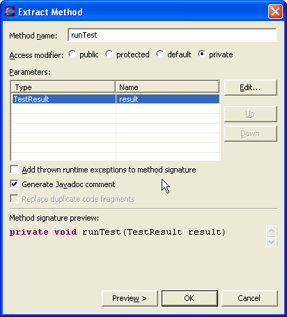 Parameters page of the Extract Method refactoring dialog