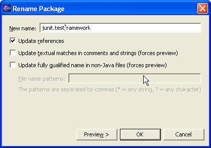 Parameters page of the Rename Package refactoring dialog