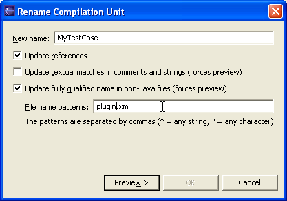 Parameters page of the Rename Compilation Unit refactoring dialog