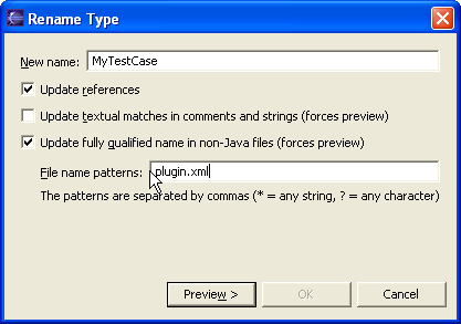 Parameters page of the Rename Type refactoring dialog