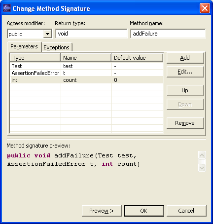 Parameters page of the Change Method Signature <a href=