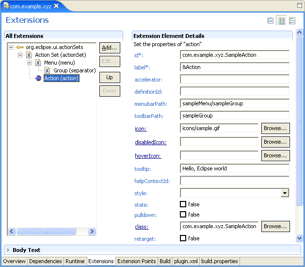 Extensions editor page