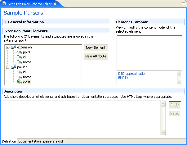 Extension point schema editor - Definition page