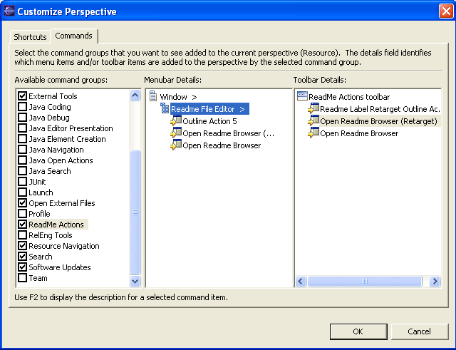 Customize Perspective dialog with action set list