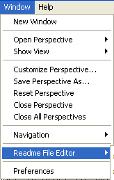 Workbench Window menu with Readme File Editor entry