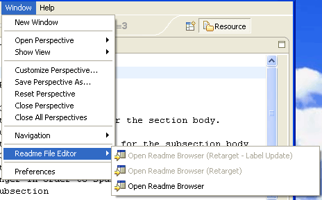 Readme File Editor menu with menu items