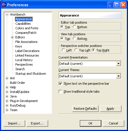 Appearance Preference Page