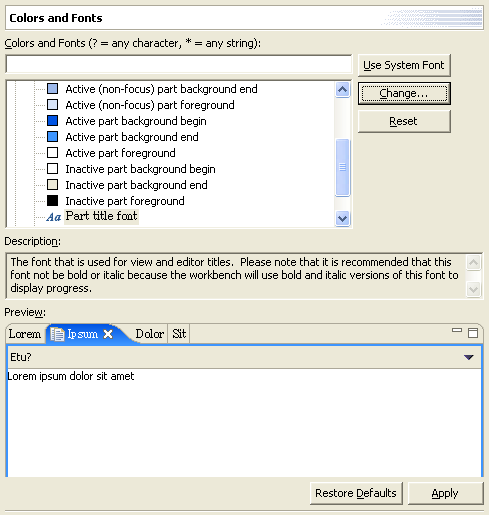 Fonts preference page