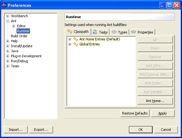 Ant classpath preference page