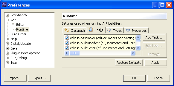Ant tasks preference page