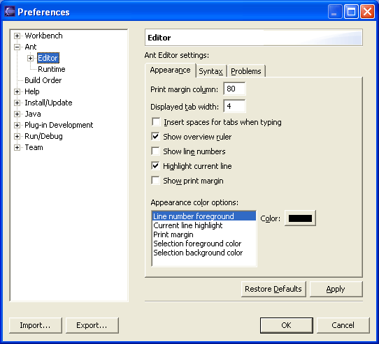 Ant editor appearance preference page